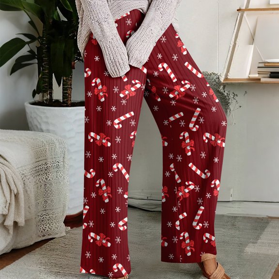 Pajama Pants with Drawstring Elastic Waist, Christmas Print Sleepwear, Comfortable Straight Leg Loose Holiday Pants for Women, Festive and Warm,Wine,S