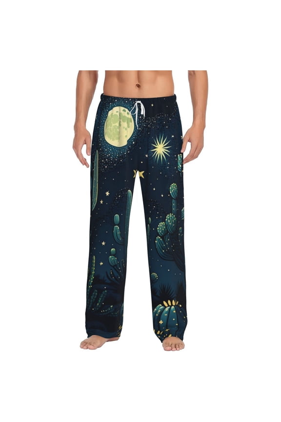 Pajama Pants Lounge Bottoms Soft Comfy Casual with Pockets, Cactus Starry Moon Stars