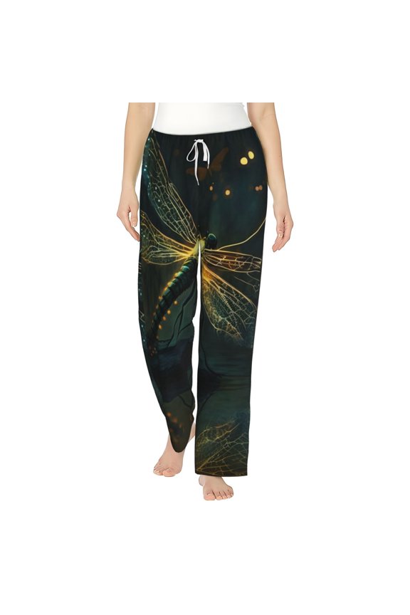 Pajama Pants Lounge Bottoms Soft Comfy Casual with Pockets, Dragonfly Dance Fireflies Art