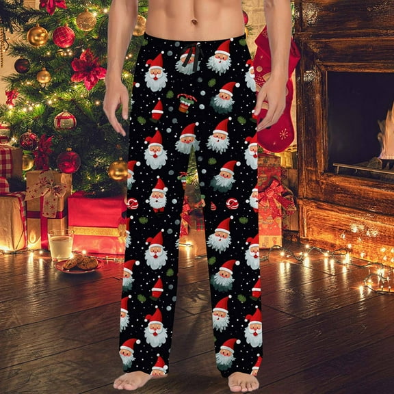 Pajama Pants Men Funny Christmas Printed Mid Waisted Casual Pants with Drawstring and Lightweight Pants Lounge Bottoms Soft Sleepwear