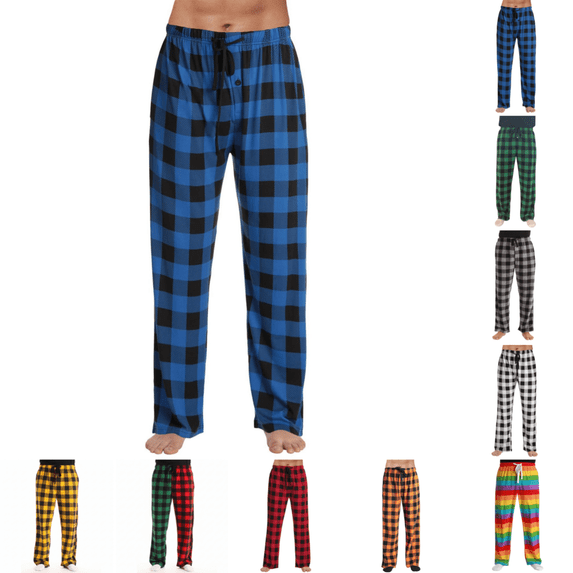 Pajama Pants Men Trendy Casual Drawstring Elastic Waist Lounge Pants Lightweight Comfy Checkered Print Regular Fit Home Pants Blue M