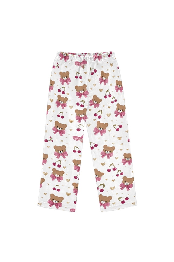 Pajama Pants Pink Bow and Brown Bear Long Pant Lounge Casual Elastic Waist Sleep Flannel Pants