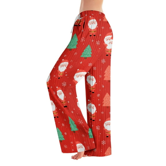 Pajama Pants, Sleepwear, Casual Drawstring Elastic Waist Pants, Comfortable Straight-leg Loose Pants with Christmas Print, Fashionable Home Bottoms for Adults, Vermilion, 2XL