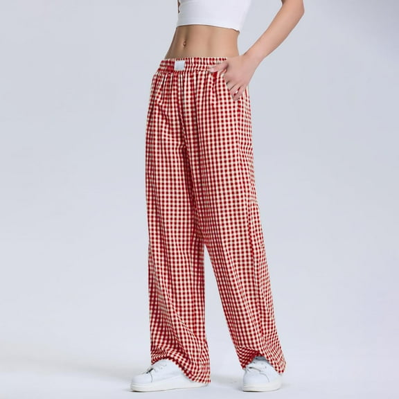 Pajama Pants Summer Women's Pants Gingham Elastic Waist Full Pants Women Fashion Casual Loose Lounge Leisure Pajamas Can Be Worn Outside S-2XL