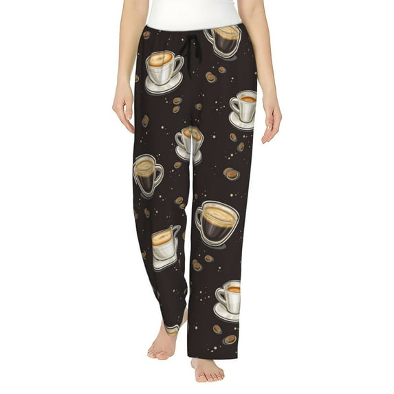 Pajama Pants Women, Black White Mug Coffee Print Sweatpants Soft Sleep Lounge Pants, Casual PJ Bottoms Pants with Pockets