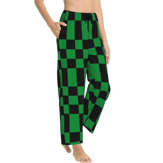 Pajama Pants Women, Black green checkered Sweatpants Soft Sleep Lounge Pants, Casual PJ Bottoms Pants with Pockets