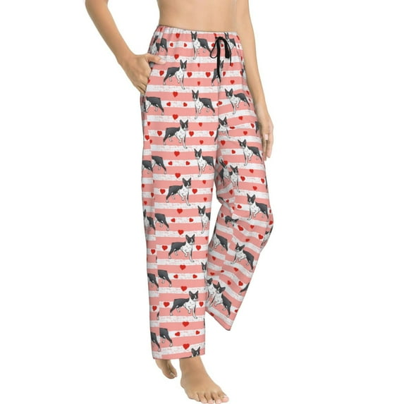 Pajama Pants Women, Boston Terrier hearts pink stripe Lounge PJ Yoga Pants With Drawstring, Womens Sleepwear Pajama Bottom