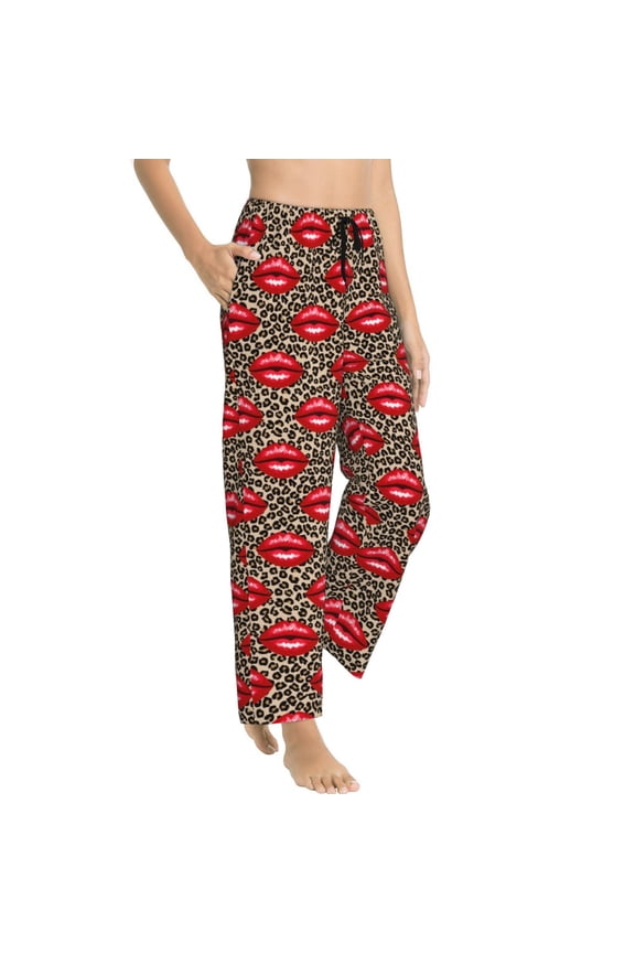 Pajama Pants Women - Bright red lips leopard Soft Breathable Sleep & Lounge Pants for Women, Comfy Casual Pj Pants Bottoms with Pockets