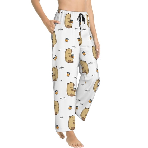 Pajama Pants Women - Capybaras Coffee Soft Breathable Sleep & Lounge Pants for Women, Comfy Casual Pj Pants Bottoms with Pockets