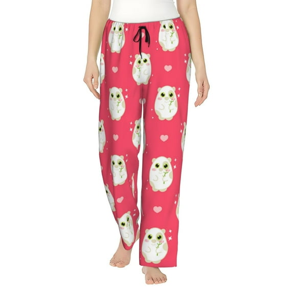 Pajama Pants Women, Cartoon Cute Hamster Rose Red Sweatpants Soft Sleep Lounge Pants, Casual PJ Bottoms Pants with Pockets