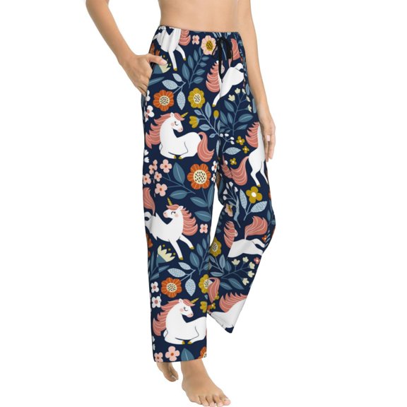 Pajama Pants Women - Cartoon Cute Horse Flower Plant_A Soft Breathable Sleep & Lounge Pants for Women, Comfy Casual Pj Pants Bottoms with Pockets