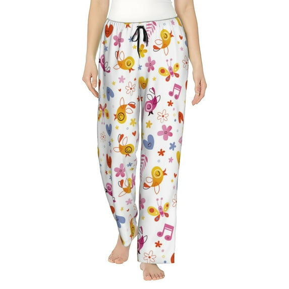Pajama Pants Women, Cartoon birds & flowers Sweatpants Soft Sleep Lounge Pants, Casual PJ Bottoms Pants with Pockets