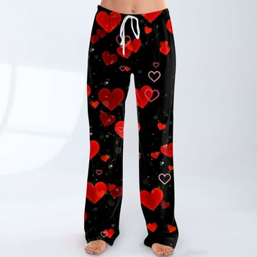 Pajama Pants Women Casual Wide Leg Heart Graphic Palazzo Lounge Pants Valentines Day Drawstring Sleepwear