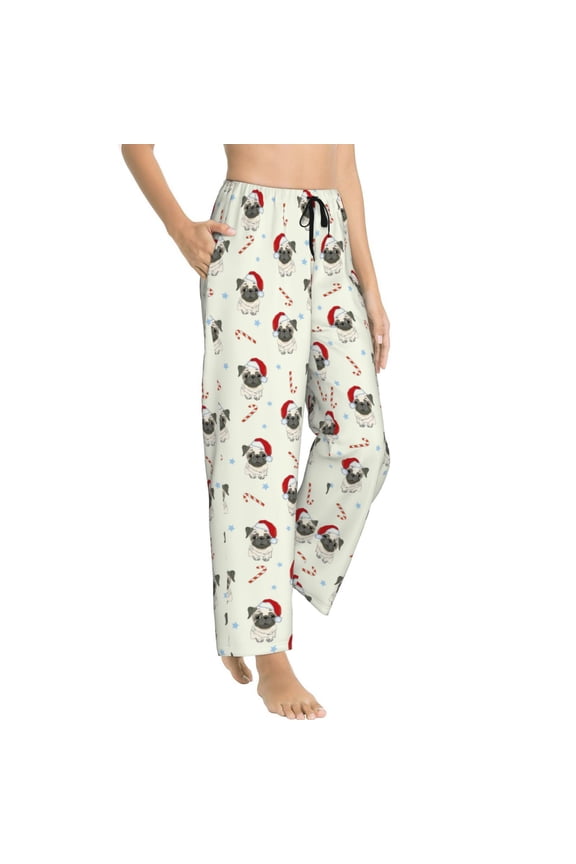 Pajama Pants Women - Christmas Pug Dog Soft Breathable Sleep & Lounge Pants for Women, Comfy Casual Pj Pants Bottoms with Pockets