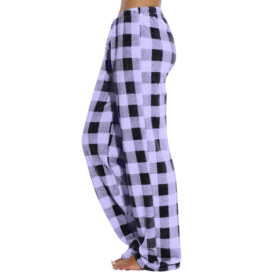 Pajama Pants Women Comfy Fuzzy Plaid Flannel Pajamas Wide Leg Pj Pants Cute Wide Leg Trousers Sleep Bell Bottoms Light Purple L