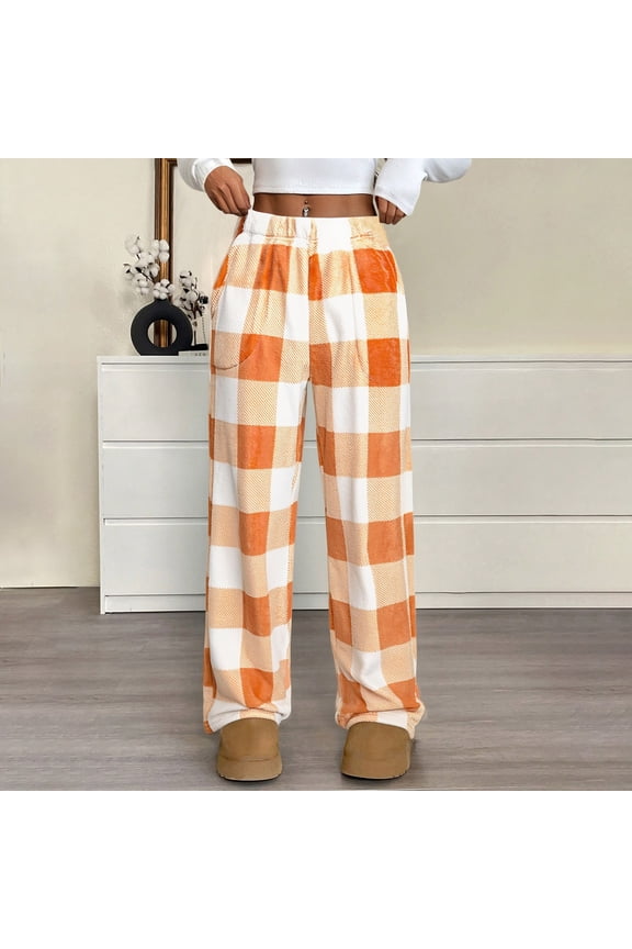 Pajama Pants Women Comfy Pj Bottom with 2 Pockets No Drawstring Plaid Sleepwear Orange XL