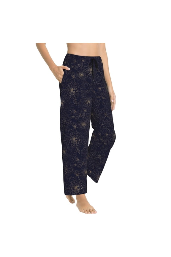 Pajama Pants Women - Copper-Gold Gloss Outline Chrysanthemum Soft Breathable Sleep & Lounge Pants for Women, Comfy Casual Pj Pants Bottoms with Pockets