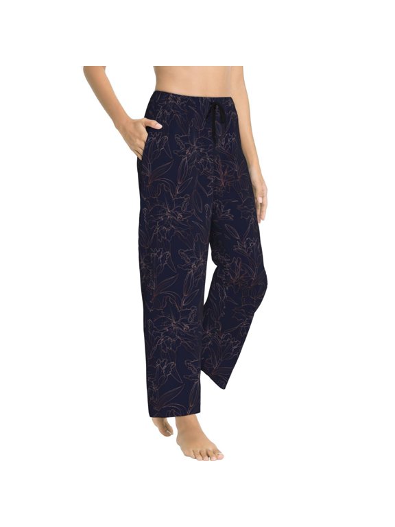 Pajama Pants Women - Copper-Gold Gloss Outline Peony Soft Breathable Sleep & Lounge Pants for Women, Comfy Casual Pj Pants Bottoms with Pockets