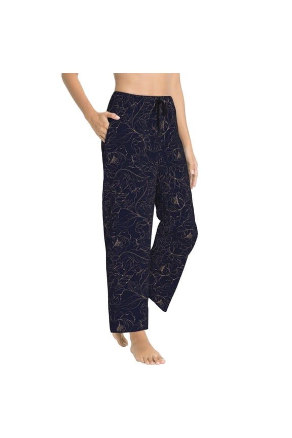 Pajama Pants Women - Copper-Gold Gloss Outline Peony Soft Breathable Sleep & Lounge Pants for Women, Comfy Casual Pj Pants Bottoms with Pockets