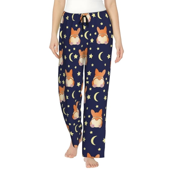 Pajama Pants Women, Cute Corgi Dog Funny Moon Stars Sweatpants Soft Sleep Lounge Pants, Casual PJ Bottoms Pants with Pockets
