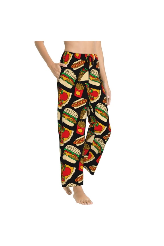 Pajama Pants Women - Cute Food French Fries Burger Soft Breathable Sleep & Lounge Pants for Women, Comfy Casual Pj Pants Bottoms with Pockets