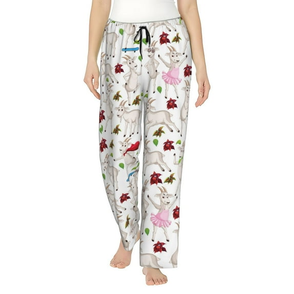 Pajama Pants Women, Cute Funny Goat Cartoon Flower Sweatpants Soft Sleep Lounge Pants, Casual PJ Bottoms Pants with Pockets