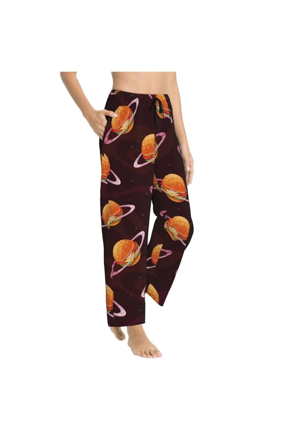 Pajama Pants Women - Cute Hamburger Burger Planet Soft Breathable Sleep & Lounge Pants for Women, Comfy Casual Pj Pants Bottoms with Pockets