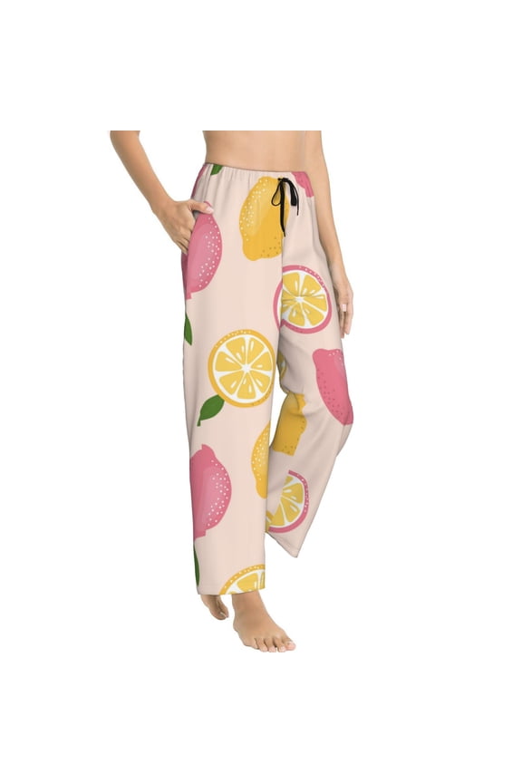 Pajama Pants Women - Cute Lemon Pink Yellow Soft Breathable Sleep & Lounge Pants for Women, Comfy Casual Pj Pants Bottoms with Pockets