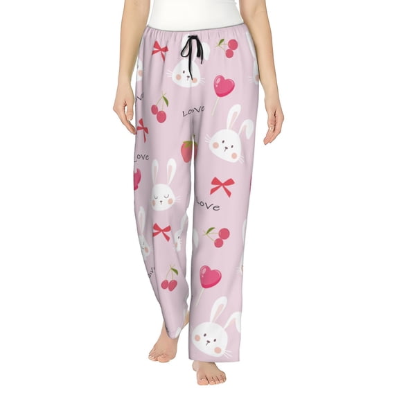 Pajama Pants Women, Cute Rabbit Love Sugar Pink Sweatpants Soft Sleep Lounge Pants, Casual PJ Bottoms Pants with Pockets