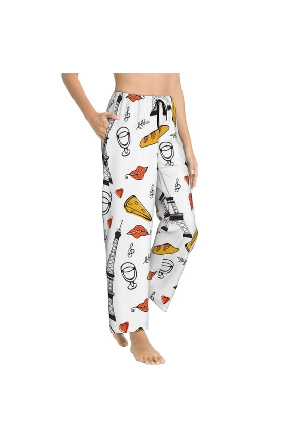 Pajama Pants Women - Eiffel Tower pizza Soft Breathable Sleep & Lounge Pants for Women, Comfy Casual Pj Pants Bottoms with Pockets