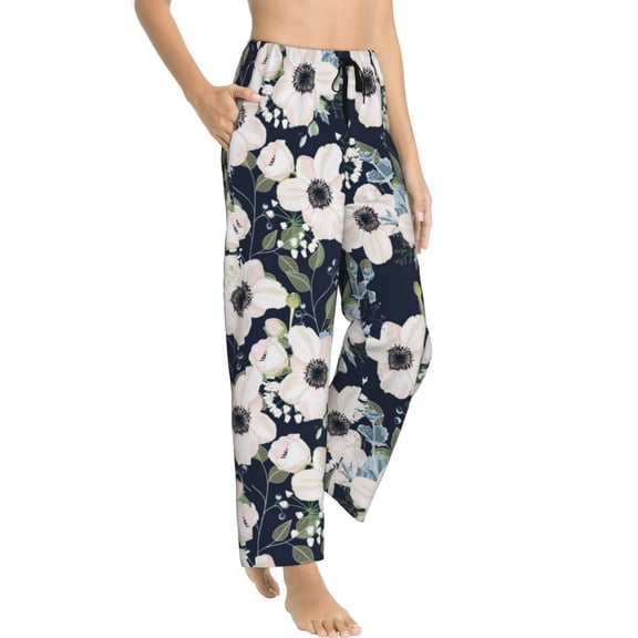 Pajama Pants Women - Floral Flowers Blue Soft Breathable Sleep & Lounge Pants for Women, Comfy Casual Pj Pants Bottoms with Pockets
