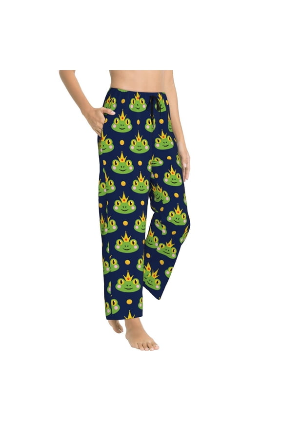 Pajama Pants Women - Frog prince crowns navyblue Soft Breathable Sleep & Lounge Pants for Women, Comfy Casual Pj Pants Bottoms with Pockets