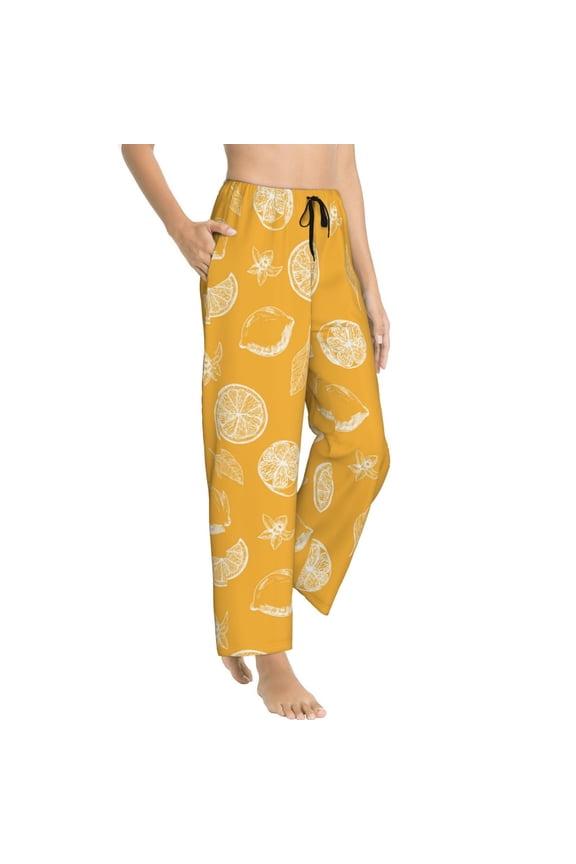 Pajama Pants Women - Funny Lemon Flower Leaves Yellow Soft Breathable Sleep & Lounge Pants for Women, Comfy Casual Pj Pants Bottoms with Pockets