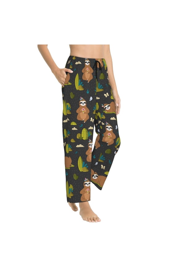 Pajama Pants Women - Funny Sloths In The Forest Soft Breathable Sleep & Lounge Pants for Women, Comfy Casual Pj Pants Bottoms with Pockets