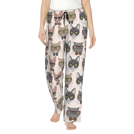 Pajama Pants Women, Glasses Cornish Rex Cute Cat Sweatpants Soft Sleep Lounge Pants, Casual PJ Bottoms Pants with Pockets