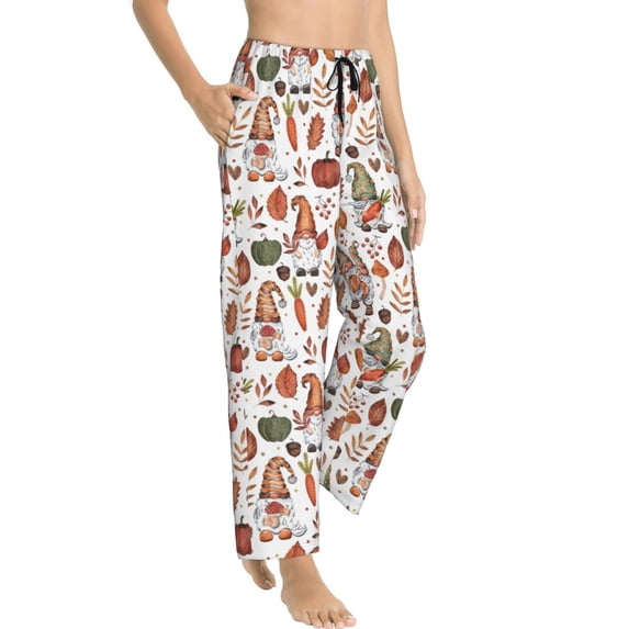 Pajama Pants Women, Gnomes And Autumn Leaves Sweatpants Soft Sleep Lounge Pants, Casual PJ Bottoms Pants with Pockets