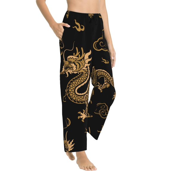 Pajama Pants Women, Golden Chinese Dragon Clouds Sweatpants Soft Sleep Lounge Pants, Casual PJ Bottoms Pants with Pockets