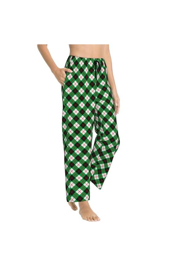 Pajama Pants Women - Green Argyle Plaid Soft Breathable Sleep & Lounge Pants for Women, Comfy Casual Pj Pants Bottoms with Pockets