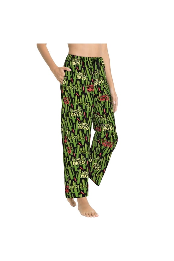 Pajama Pants Women - Green Cacti And Red Chili Soft Breathable Sleep & Lounge Pants for Women, Comfy Casual Pj Pants Bottoms with Pockets