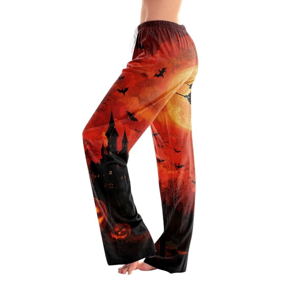 Pajama Pants Women Halloween Ghost Face Print Soft Stretch Drawstring Comfy