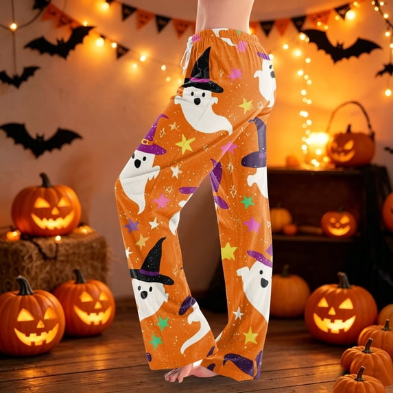 Pajama Pants Women Halloween Pumpkin Print Soft Drawstring Stretchy Sleep Pants