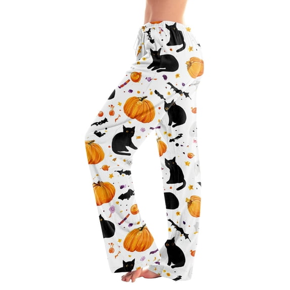 Pajama Pants Women Halloween Pumpkin Print Soft Stretch Drawstring Comfy Sleepwear Pants