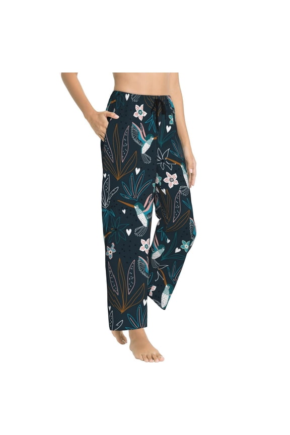 Pajama Pants Women - Hand Painted Hummingbird Flower Soft Breathable Sleep & Lounge Pants for Women, Comfy Casual Pj Pants Bottoms with Pockets