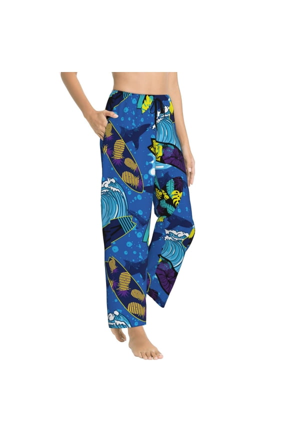 Pajama Pants Women - Hawaiian Flower Pineapple paddleboard Soft Breathable Sleep & Lounge Pants for Women, Comfy Casual Pj Pants Bottoms with Pockets
