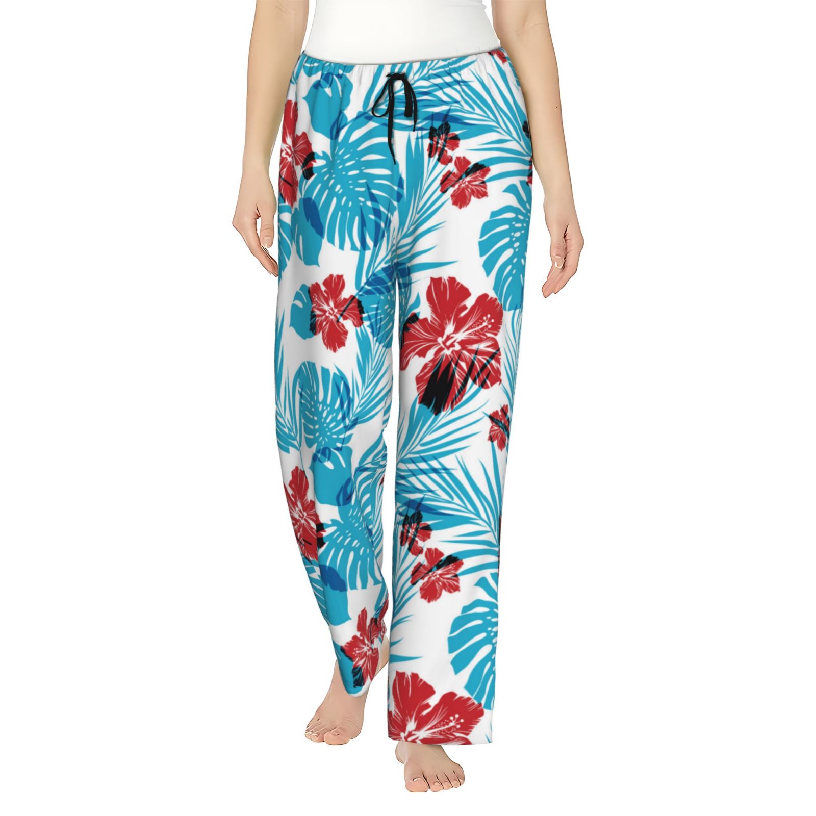 Pajama Pants Women - Hawaiian Style Blue Leaves Wide Leg Lounge Pants ...
