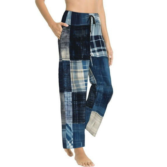 Pajama Pants Women, Indigo Patchwork Quilt Sweatpants Soft Sleep Lounge Pants, Casual PJ Bottoms Pants with Pockets