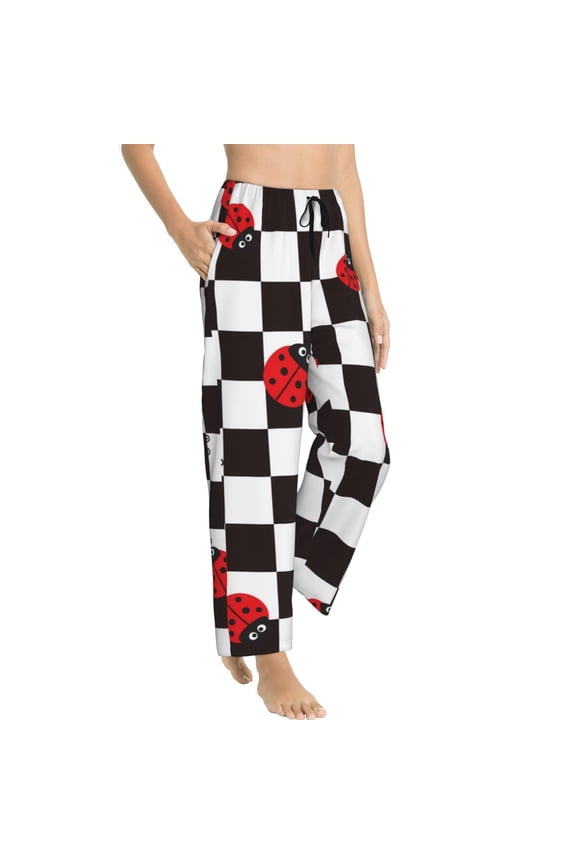 Pajama Pants Women - Ladybugs Of Black And White Checkers Soft Breathable Sleep & Lounge Pants for Women, Comfy Casual Pj Pants Bottoms with Pockets