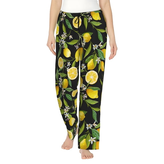 Pajama Pants Women, Lemon Fruits Flowers Leaves Sweatpants Soft Sleep Lounge Pants, Casual PJ Bottoms Pants with Pockets