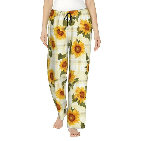 Pajama Pants Women, Light Green Plaid Sunflower Sweatpants Soft Sleep Lounge Pants, Casual PJ Bottoms Pants with Pockets