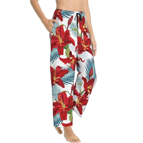 Pajama Pants Women - Lilies Flowers Blue Red Soft Breathable Sleep & Lounge Pants for Women, Comfy Casual Pj Pants Bottoms with Pockets